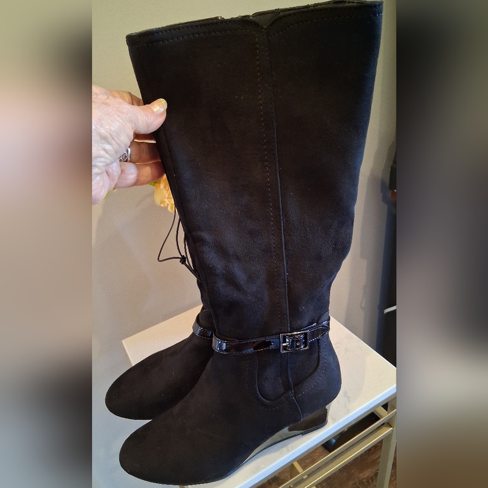 Knee-high Black Suede-like Boots, New, Size 6.5